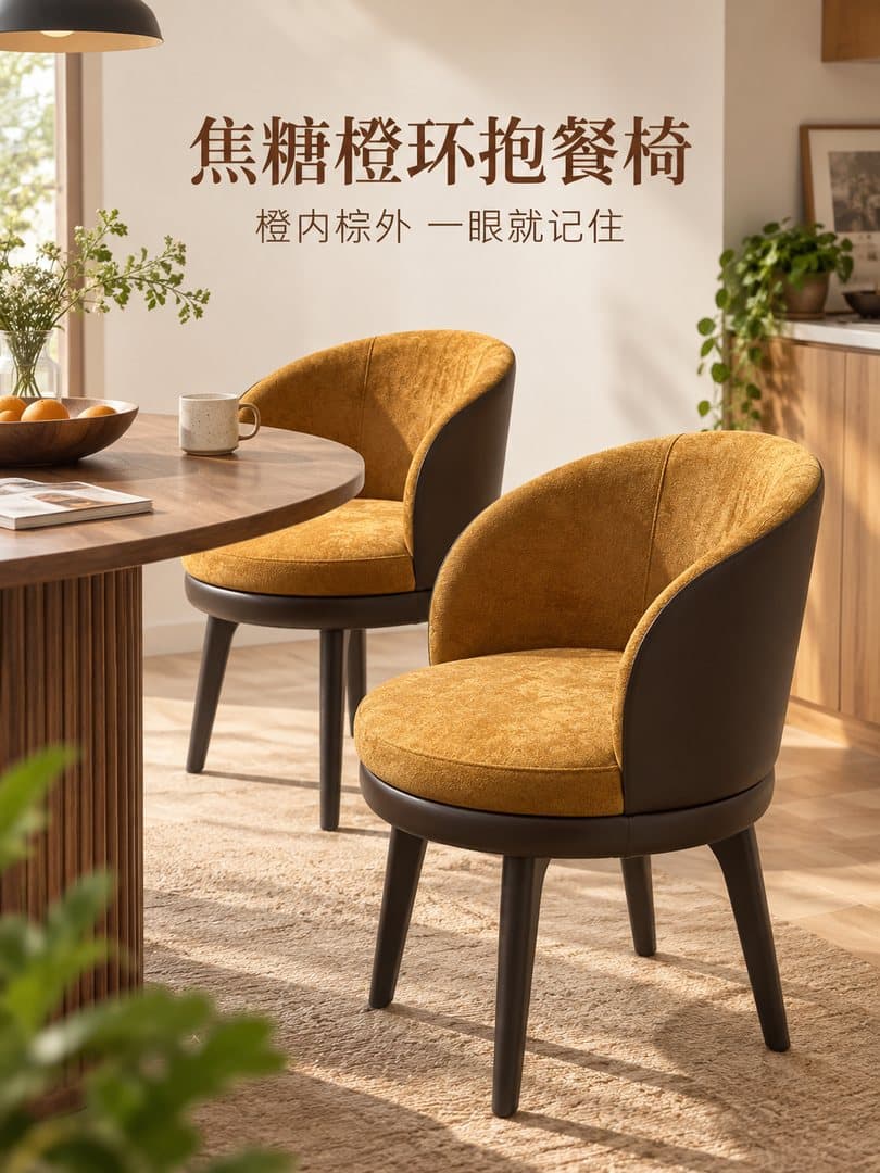 生成的封面：焦糖橙环抱餐椅放在餐厅里，带标题